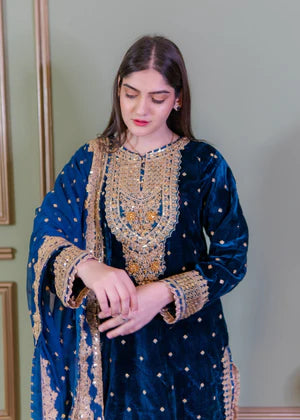 Zarmina Peacock blue velvetine